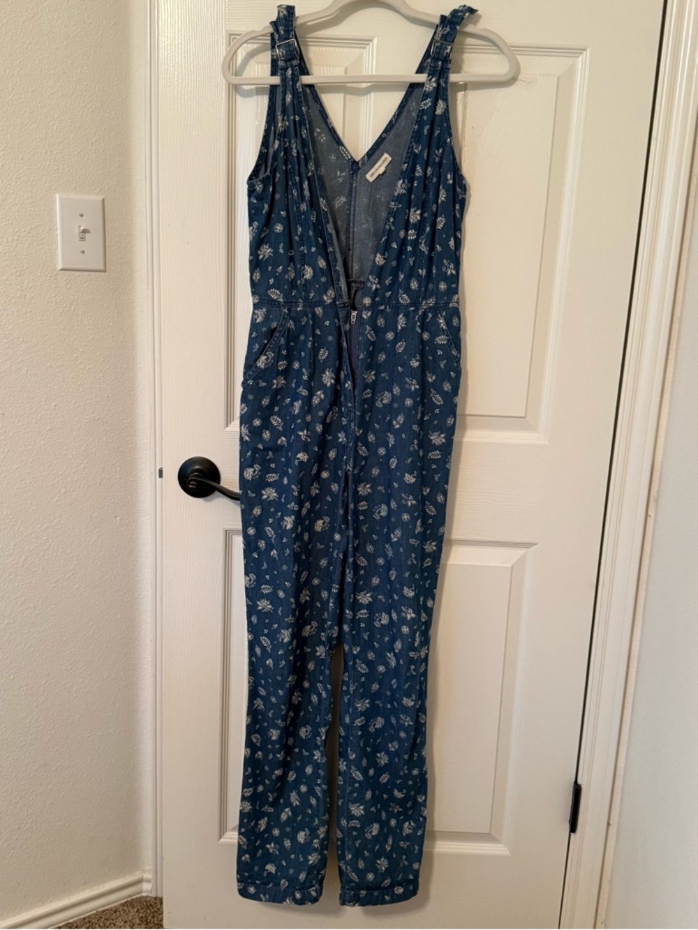 Blue denim paisley V-Neck Jumpsuit pockets zipper famersmarket western